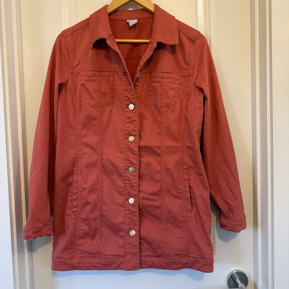Chico's Longer length Jean Jacket size 1 women’s 8 10 Terra cotta layering
